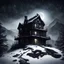 Placeholder: Hyper Realistic black abandoned dark haunted house on the top of a mountain at heavy snowfall night