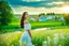 Placeholder: Young woman in flower field in country side ,river, houses,blue sky ,nice clouds,god rays