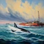 Placeholder: oil painting of the shark-fishing boat ORCA from jaws, passing through a ship channel.