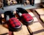 Placeholder: Red plaid slippers, black bearskin,log cabin, stone fireplace