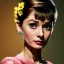 Placeholder: Audrey Hepburn has glow effect. She has beautiful eyes, Her hair flies in the air. with yellow flowers for hair, closed eyes, rtx, reflection, 8k, glow, winning photography, caustics