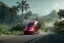 Placeholder: A Tesla 'Semi' (semi truck) is going at a high speed, on the 'Jurassic Park' island. (CINEMATIC, WIDE ANGLE LENS, PHOTO REAL)