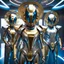 Placeholder: (masterpiece, best quality, 8k, RAW photo, beautiful and aesthetic:1.2), complex detail, Indirect light, photorealistic, (((full body))), Meeting of a group of Cosmic male gods smiling, Mixed, sci-fi and cyborg outfit with golden futuristic artifacts, white, blue and silver elements- Inside a great room of a flying saucer with a round hublot showing a galactic sunset