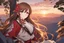 Placeholder: A woman from Genshin Impact, pale complexion and long brown hair, Her eyes are red with a diamond-shaped pupil, intricate background, intricate face, sitting on a cliff during sunset, contemplative, anime style, dynamic composition