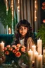 Placeholder: a young girl sitting on a couch holding a bunch of flowers, tanned ameera al taweel, hair whitebangs hair, sitting on the edge of a bed, roses and lush fern flowers, with big eyes, in a room full of candles, a microscopic photo, cute photograph, from left