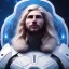 Placeholder: Beautiful cosmic man, blue eyes, long blond hair, smiling, cosmic suit, full body, galactic backdrop, soft lighting, hyper realistic, unreal engine 5, 16k