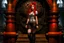 Placeholder: full body and headshot of a skinny young woman, with long straight red hair, standing in a steampunk setting, Frank Franzetta