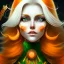 Placeholder: fantasy setting, woman, orange and white hair, wavy hair, freckles, ranger, more orange hair, more white hair, green eyes, more white hair, less orange hair