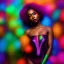 Placeholder: full body shot, masterpiece, best quality, girl, black skinned, hand touching head, sparkling eyes, fluorescent skin, colorful makeup, afro, highly detailed body, afrofuturism, scifi, sun light, 4K, RAW, depth of field, high contrast, realistic details, 24mm