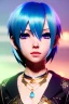 Placeholder: anime character, light blue hair, short and messy hairstyle, pierced ears, round ears, golden eyes, waist up portrait, 8k resolution, intricate details, ornate details, soft lighting, vibrant colors, retroanime, masterpiece, intricate eyeliner, dark eyeshadow, eyes, intricate tattoos, futuristic cityscape background