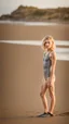 Placeholder: beautiful anorexic 19 year old woman, total shot, grey triathlon swimsuit, short blonde wavy bob hair, blurred beach background