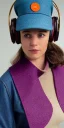 Placeholder: Whole real woman in the image. she has plum-blue-magenta-camouflage mantel and simple orange felt bolero.Felt cloth visor with tippet cobalt blue. SMALL FELT CAP is merged to Old AKG headphones with recognizable Golden rings! cloth materials are denim and felt cloth mixed. Fashion 2023. Colors: Cream white, zinc plate, red ochre, ochre, orange - all mixed. Thick tights. Thick calves. She is in figure from top to toe.