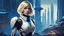 Placeholder: A full-body photograph of a young, slender woman with blond shoulder-length bob hair in a blue jumpsuit, standing in a futuristic cityscape with advanced spacecraft behind them, with a huge android in a huge metal exosuit with a helmet standing guard beside her.