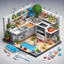 Placeholder: a Detailed Model of diagrams and instructions for creating digital houses. A detailed isometric digital illustration. The central focus is a miniature, intricately detailed Miniature kitchen, include: Electric mixer, blender, food processor, slotted spoon and chef's knife, measuring cups, spatula, whisk, ladle, can opener, vegetable peeler, food pills and a flour, sugar, salt, spices, dried herbs, bouillon cubes, pots, pans, plates, bowls, and utensils, trussing poultry or tying bundles of herb