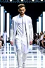 Placeholder: A guy on a fashion runway with Kryptonian design clothes white tones