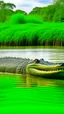 Placeholder: Green mystery lake, large crocodile