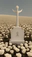 Placeholder: A grave in a field of white roses. Above the grave are swan feathers, a carved dagger, and white lace cloth.cinematic