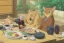 Placeholder: Two cats Siting at a table. Eating Sushi