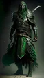 Placeholder: Arab warrior Full Body Full Armored Wearing Face Mask Iron Masculine Mysterious Powerful Fantasy High Quality Carrying Sword green clothes