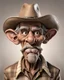 Placeholder: hyper-realistic 3D caricature of an old weathered cowboy with highly exaggerated features. Deeply wrinkled skin, oversized ears, and a long, bulbous nose. Large, expressive wide eyes with intense detail. A thick, wispy white handlebar mustache and long goatee. Wearing a dusty tan wide-brimmed cowboy hat, a brown checkered shirt, and a worn leather vest. Soft studio lighting, neutral beige background, cinematic render, 8k resolution, intricate textures, Pixar-meets-Norman-Rockwell style. Modifier