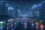 Placeholder: A city that's at night and it's raining and it's foggy and it's flying cars and it's in the future.