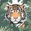 Placeholder: jungle-theme, 2d vector illustration, ((kawaii style)), simple and minimalist design, (solid white background), side view from high angle, Tiger, line art, ((crisp black outlines)). Full color