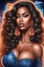 Placeholder: create an airbrush illustration of a curvy black female wearing Tight blue jeans and a peach off the shoulder blouse. Prominent make up with long lashes and hazel eyes. She is wearing brown feather earrings. Highly detailed long black shiny wavy hair that's flowing to the side. Background of a night club.