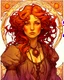 Placeholder: Tile hair, flaming lips, eyes seeking eternity, leader of the witch community, coppery tresses tumbled about her face, tremendous facial anatomy, meaningful beautiful brown eyes, wavy purplish hair, one third rule, trending on top of Art station, by Alphonse Mucha"