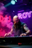 Placeholder: An "angry DJ" performing at dance club, his name is "Roy" Very hard looking with bald and beard, Death metal on stage, Neon lights and smog, "DJ ROY" big sign on the wall