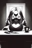 Placeholder: girl with demon mask in big bedroom sit on a table with many objects, grayscale