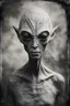 Placeholder: Black and white high brow photograph of a grey alien, film analog, dust overlay, eerie, high strangeness, surrealistic old photograph, mysterious,