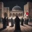 Placeholder: Hyper Realistic people praying outside Al-Aqsa mosque at night with Palestine Flag