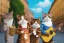 Placeholder: Group of three mature cats musicians, one cat playing guitar, one cat playing drums, one cat holding microphone and singing, street, Vienna, smiling, sunny day, model style, hyper realistic, extremely accurate, delicate, extremely detailed, Graphic novel style, wide-angle, open aperture, superfine pencil