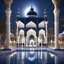 Placeholder: Hyper Realistic Majestically Beautiful Navy-Blue-&-White-Mosque with Muslim-men-worshiping outside-&-inside, small-water-fountains-&-Light-lamps with dramatic-lightings & cinematic-ambiance