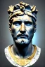 Placeholder: Ultra Realistic image, Roman sculpture, white marble material, Lionel Messi, gold Laurel leaves wreath, renaissance ornaments, one gold star in heart, sun ornament, blue marble background, chisel style, waist up portrait, emperor style, epic, celestial, cinematic lighting, God light, god rays, 4k resolution, smooth details, ornate details, soft lighting, unreal engine 5, art station, substance 3d.