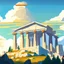 Placeholder: mount olympus from the greek mythology. High up in the mountains. Illustration. Cloudy. Sun behind the temple of Zeus.