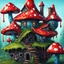 Placeholder: A weird mushroom house with drippy spots and eyeballs on a floating island. black blue green red Detailed gloss Painting, rich color, fantastical, intricate detail, splash screen, hyperdetailed, insane depth, concept art, 8k resolution, trendi