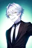 Placeholder: plauge doctor in balck leather coat and suit with silver hair, pale skin and bright green glowing eyes smiling with sharp teeth, nice young face, male, viscious smile, face close look