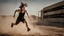 Placeholder: beautiful slender caucasian female technician wearing a backpack, jumping to cover, black tank top, well toned muscles, weathered face, scratched sand camo metal details, short brunette wavy bob haircut, dystopian, desert scene with smoke and explosions