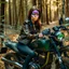 Placeholder: Very attractive woman sitting on a motorcycle. The bike is Yamaha. In the background is a forest.