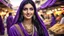 Placeholder: Hyper Realistic Beautiful Happy Pashto Woman with Beautiful-Kajal-Eyes & Long-Black Hair wearing Purple-Dress-&-Beige-Shawl in a market with garland-light-&-some-shops with traditional environment showing dramatic & cinematic ambiance.