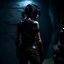 Placeholder: a beautiful dark haired tiefling woman in a sleeveless battle outfit, seen from the back, at the edge of a precipice in the dark, ready to jump, photo quality, dark colors