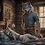 Placeholder: digital art from an gray hairy anthropomorphic wolf male standing by a wooden bed in t-shirt and pant and he ties an orange belt around his waist, back to the camera an anthropomorphic wolf femle just in gray body hair lies down in bed , detailed, in blur background massive wooden room, anthro sci-fi, fantasy mood, digital art