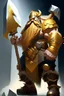 Placeholder: dwarve with a long beard touching his toes holding giant axe for his size tough and waring gold armor male