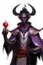 Placeholder: En Young male black skin black hair tiefling Wizard with large horns glowing Purple symbols Everywhere on his body. He's wearing silver and White Rope and a silver cloak. His horn a perfectly place on acet from the front to the back pointing upwards with glowing Red cat Eyes. His close is elegant get simple