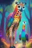 Placeholder: A wise owl in a colorful magical jungel walking together with a giraffe