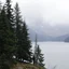 Placeholder: A photo of a group of fir trees and high mountains in the distance. A lake. Odd dark person. Fog is present.