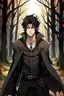 Placeholder: Fantasy world, manga Bad Boy with dark brown hair, dressed in black as hunter, with a sharp face and a light smirk on the lips, he is standing in the wood, he has a mad face