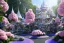 Placeholder: a magical crystal flower lys bougainvillier,pink hydrangeas, blue gold house crystal castle in the woods, magnolias pink,blue lake,sun,white swanns,pink vertical, blue lake,sharp, vines, candlelit, endor, ornate, elegant, highly detailed, artstation, concept art, smooth, sharp focus, illustration, 8k, splash art, wallpaper, key visual