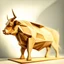 Placeholder: low polygon bull made out of wood, in focus